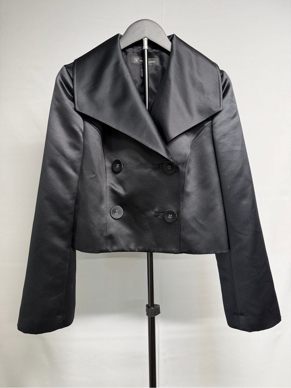 INC International Concepts Black Double-Breasted Cropped Satin Tuxedo Jacket - S